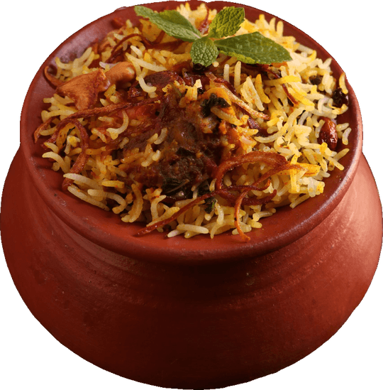Biryani piled high in a terracotta handi, topped with mint and fried onion